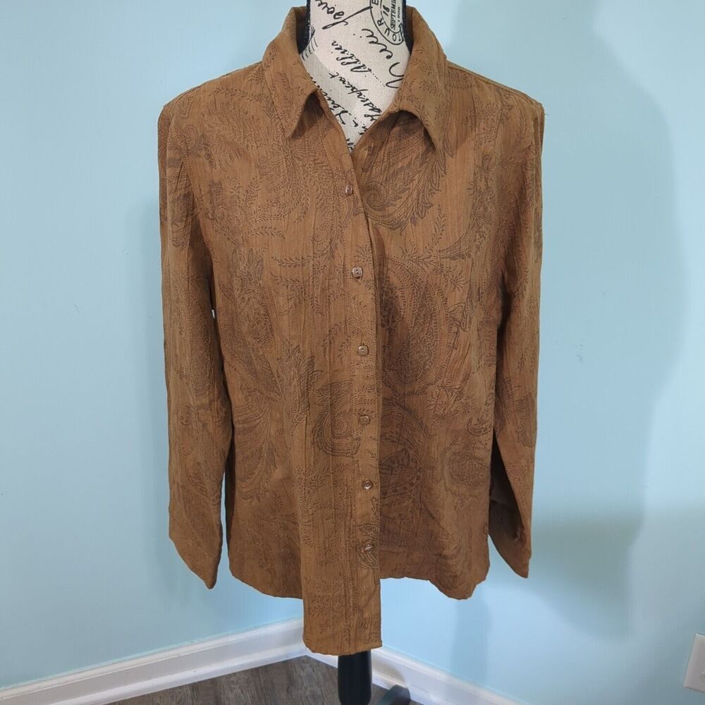 Tantrums Womens extra large tan Floral Print Button Up Shirt Long Sleeve new wit
